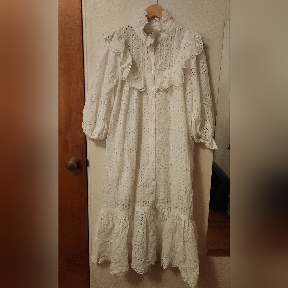 LoveShackFancy Elspeth Scalloped Cotton Voile Midi Shirt Dress In Medium